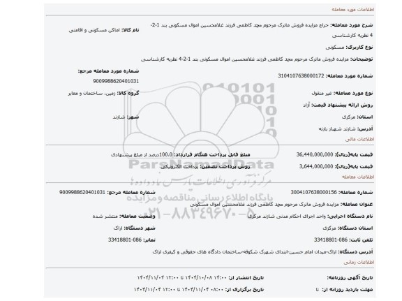 مزایده،  مزایده فروش ماترک مرحوم محمد کاظمی فرزند غلامحسین اموال مسکونی بند 1-2-4 نظریه کارشناسی