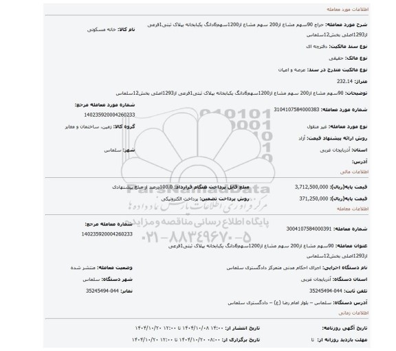 مزایده، 90سهم مشاع از200 سهم مشاع از1200سهم6دانگ یکبابخانه بپلاک ثبتی1فرعی از1293اصلی بخش12سلماس