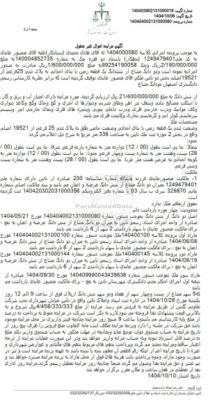 مزایده فروش دو دانگ مشاع از ششدانگ یک قطعه زمین با بنای احداثی به پلاک ثبتی 25 فرعی از 19521 