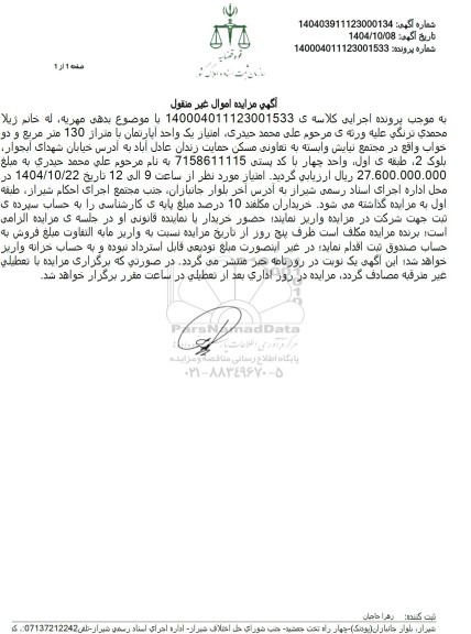 آگهی مزایده امتیاز یک واحد آپارتمان با متراژ 130 متر مربع