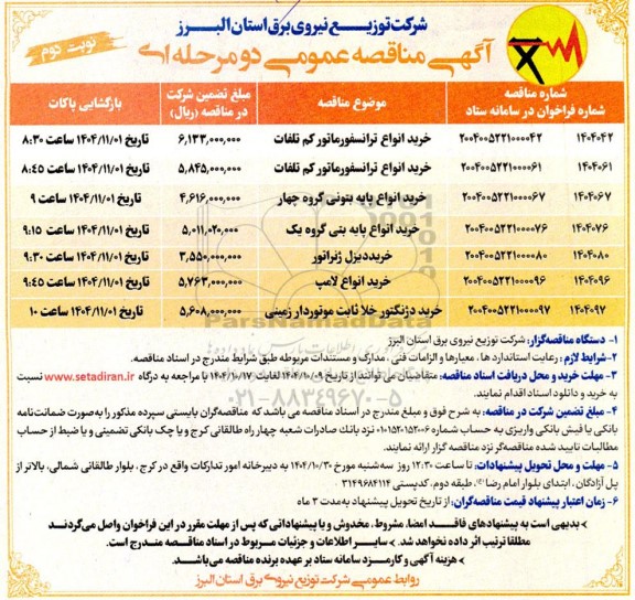 مناقصه خرید انواع ترانسفورماتور کم تلفات... نوبت دوم 