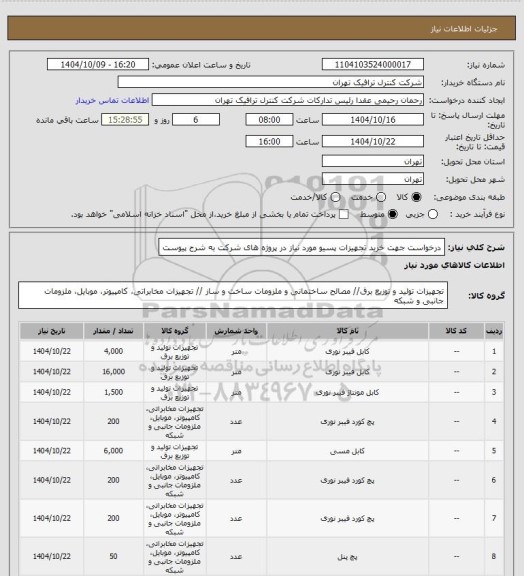 استعلام درخواست جهت خرید تجهیزات پسیو مورد نیاز در پروژه های شرکت به شرح پیوست