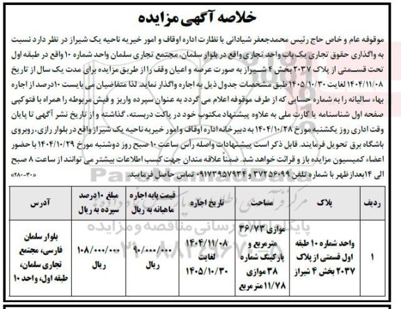 مزایده واگذاری حقوق تجاری یک باب واحد تجاری 