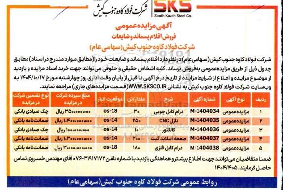 مزایده فروش اقلام پسماند و ضایعات شامل درام کابل چوبی و ...