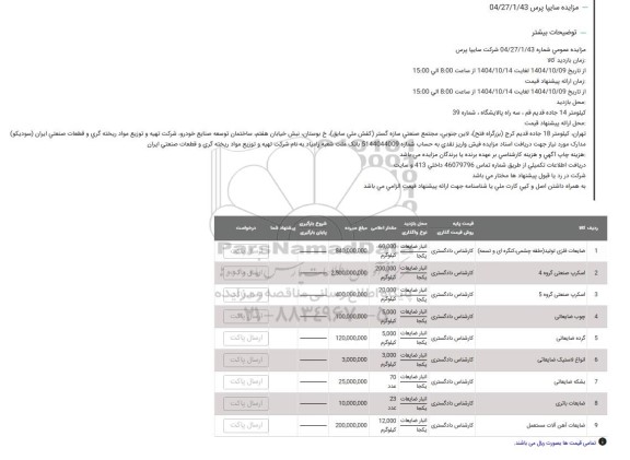 آگهی مزایده ضایعات فلزی تولید و...
