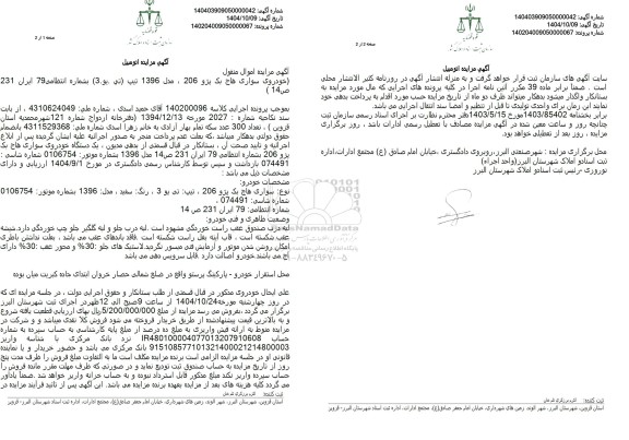 مزایده خودروی سواری های بک پژو 206 