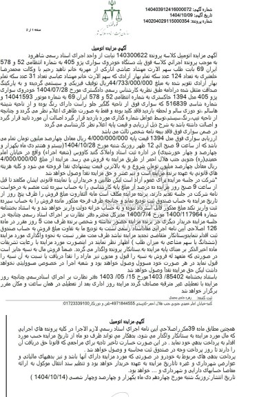 مزایده فروش خودروی سواری پژو 405 مدل 1394 خاکستری 