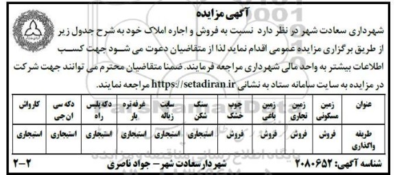 مزایده فروش و اجاره املاک 