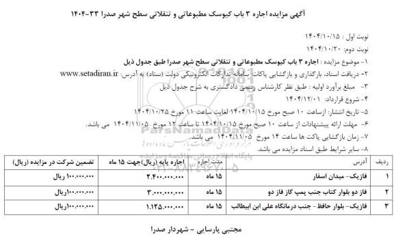 مزایده اجاره 3 باب کیوسک مطبوعاتی و تنقلاتی سطح شهر