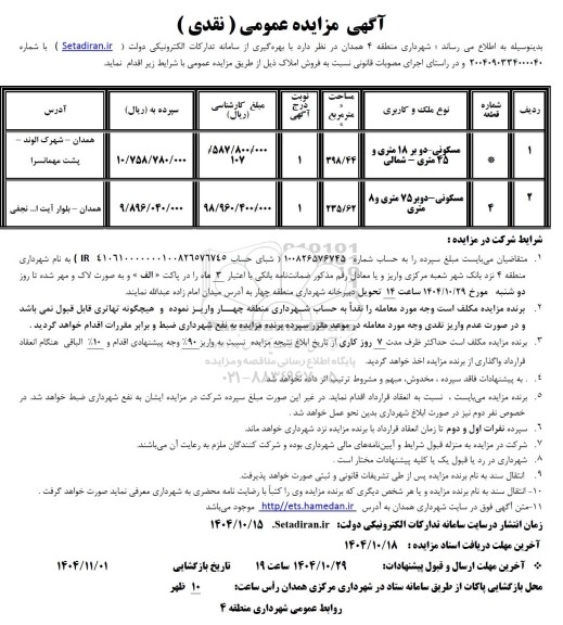 مزایده عمومی (نقدی) فروش املاک
