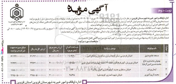 مزایده فروش واگذاری ششدانگ عرصه و اعیان 4 واحد آپارتمان مسکونی  ​​​​​​​نوبت دوم 