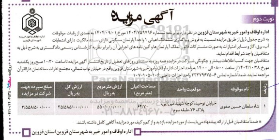 مزایده فروش و واگذاری ششدانگ اعیانی 1 واحد آپارتمان مسکونی نوبت دوم 