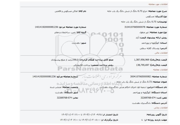 مزایده، 0.73 دانگ از شش دانگ یک باب خانه