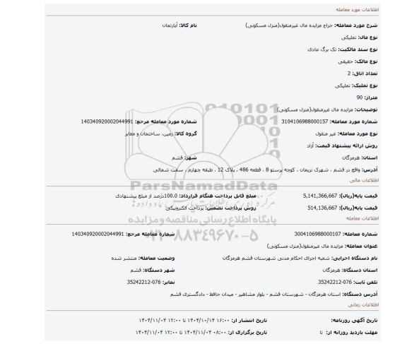 مزایده، مزایده مال غیرمنقول(منزل مسکونی)