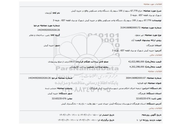 مزایده، 67.779 سهم از 100 سهم یک دستگاه واحد مسکونی واقع در جزیره کیش شهرک نو بنیاد قطعه 657 ، طبقه 3
