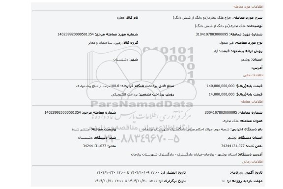 مزایده، ملک تجاری(دو دانگ از شش دانگ)