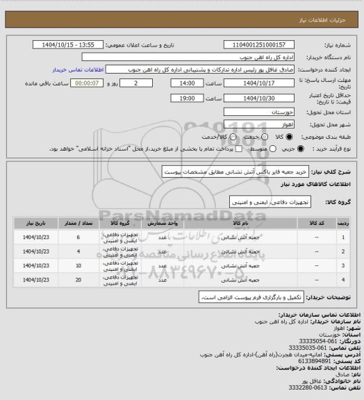 استعلام خرید جعبه فایر باکس آتش نشانی مطابق مشخصات پیوست