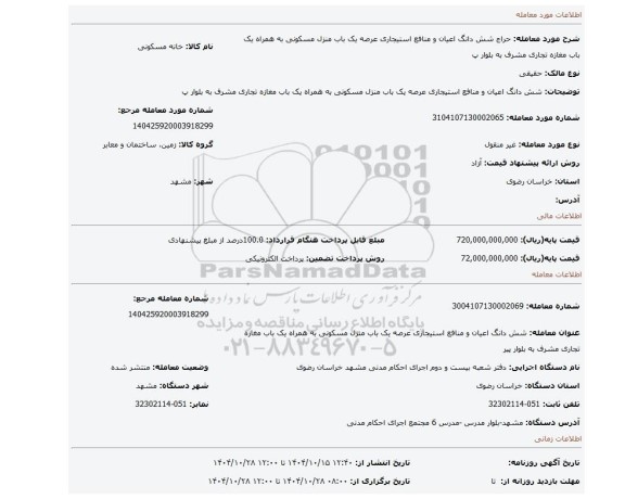 مزایده،  شش دانگ اعیان و منافع استیجاری عرصه یک باب منزل مسکونی به همراه یک باب مغازه تجاری مشرف به بلوار پ