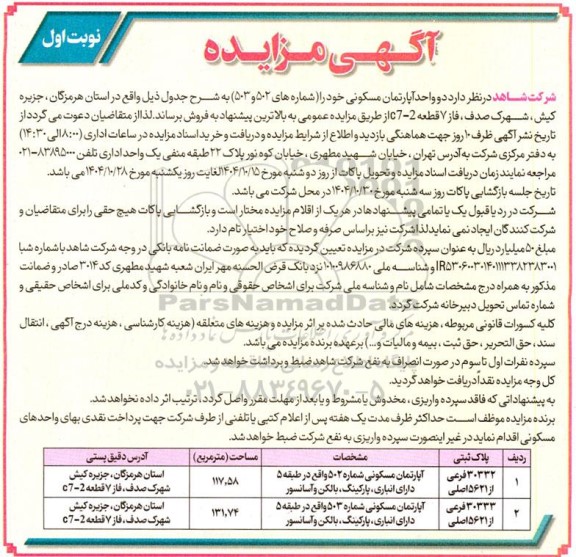 مزایده فروش دو واحد آپارتمان مسکونی