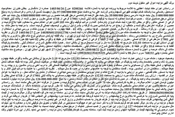 مزایده ملک پلاک ثبتی شماره 17901 فرعی از 6718 اصلی مفروز و مجزی شده از پلاک ثبتی 17465 فرعی از اصلی