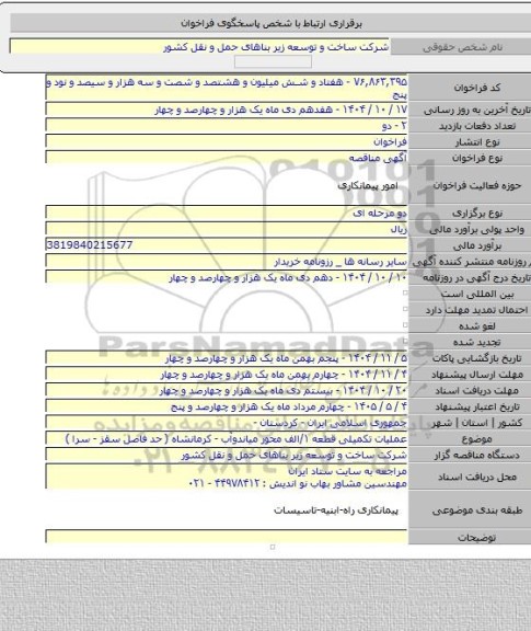 مناقصه, عملیات تکمیلی قطعه ۱/الف محور میاندوآب - کرمانشاه ( حد فاصل سقز - سرا )