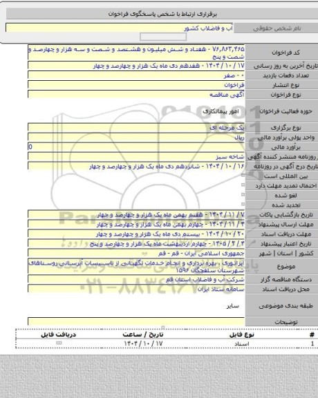 مناقصه, اپراتوری ، بهره برداری و انجام خدمات نگهبانی از تاسیسات آبرسانی روستاهای شهرستان سلفچگان ۱۵۹۶