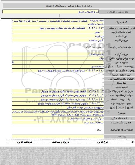 مناقصه, اپراتوری،بهره برداری و انجام خدمات نگهبانی حفاظت از تاسیسات آبرسانی روستاهای شهرستان کهک و بخش مرکزی ۱۵۹۷