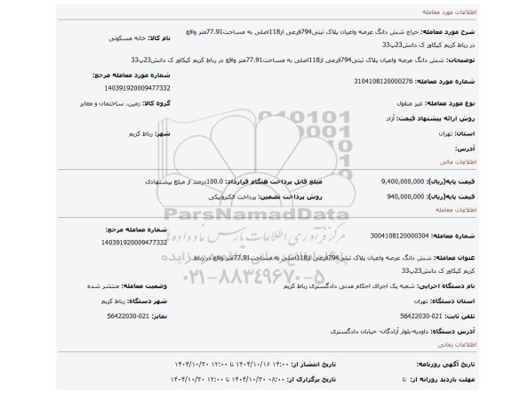 مزایده، شش دانگ عرصه واعیان پلاک ثبتی794فرعی از118اصلی به مساحت77.91متر واقع در رباط کریم کیکاور ک دانش23پ33