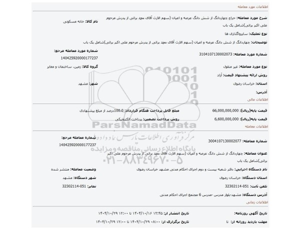 مزایده، چهاردانگ از شش دانگ عرصه و اعیان (سهم الارث آقای محمد براتی از پدرش مرحوم علی اکبر براتی)شامل یک باب
