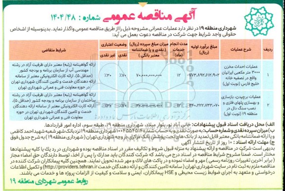 مناقصه عملیات احداث مخزن 3000 متر مکعبی ایرانیان....