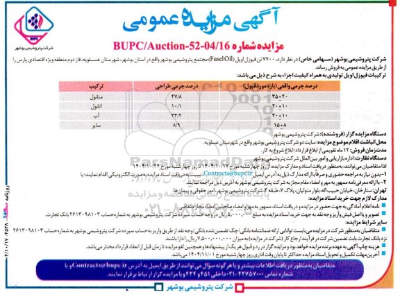 آگهی مزایده عمومی فروش  7700 تن فیوزل اویل (Fusel Oil) 