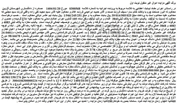 مزایده یکباب مغازه به پلاک ثبتی3843