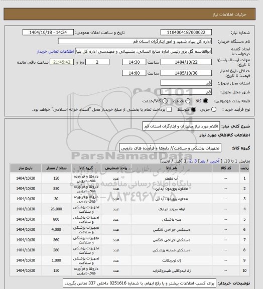 استعلام اقلام مورد نیاز جانبازان و ایثارگران استان قم
