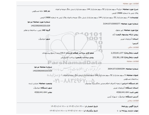 مزایده،  4 سهم مشاع از 52 سهم مشاع از 144 سهم مشاع از شش دانگ عرصه و اعیان  پلاک ثبتی به شماره 19686 فرعی
