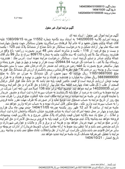 مزایده فروش دو دانگ مشاع از ششدانگ پلاک ثبتی 125 - یکصد و بیست و پنج فرعی از 116