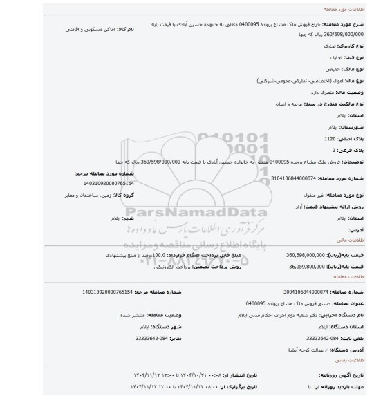 مزایده، فروش ملک مشاع پرونده 0400095  متعلق به خانواده حسین آبادی  با قیمت پایه  360/598/000/000 ریال که چها