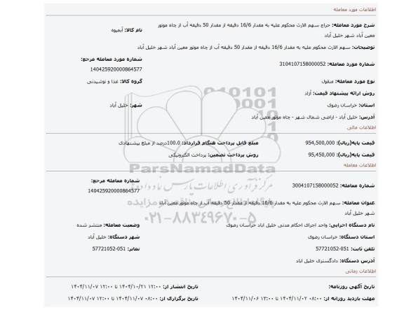 مزایده، سهم الارث محکوم علیه به مقدار 16/6 دقیقه از مقدار 50 دقیقه آب از چاه موتور معین آباد شهر خلیل آباد