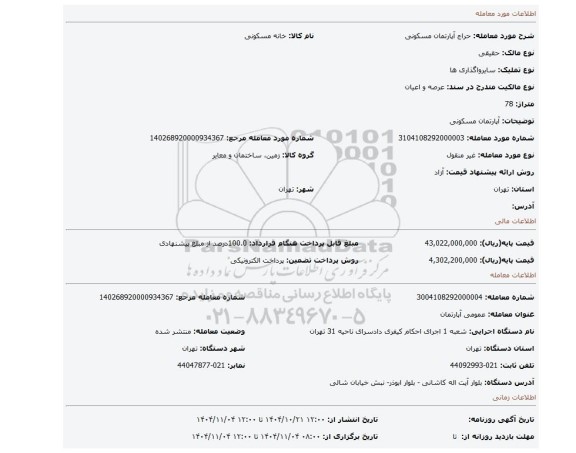 مزایده، آپارتمان مسکونی