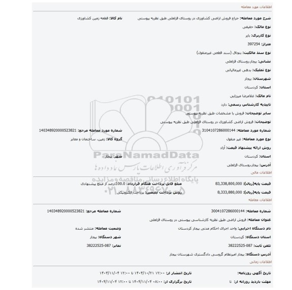 مزایده، فروش اراضی کشاورزی در روستای قزلعلی طبق نظریه پیوستی