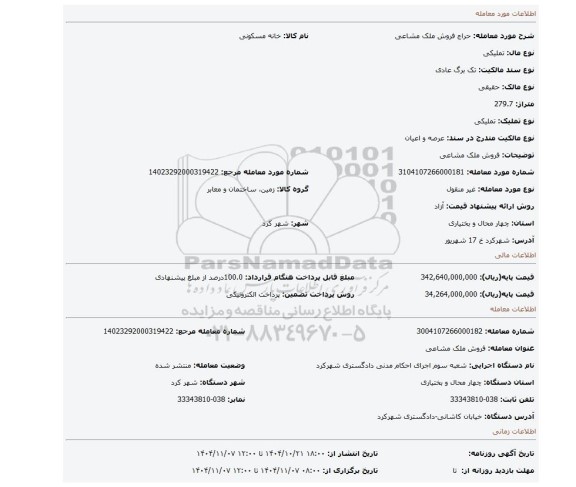 مزایده، فروش ملک مشاعی