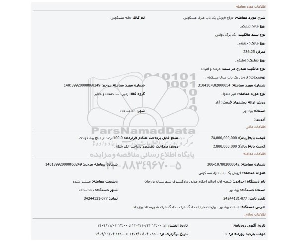 مزایده، فروش یک باب منزل مسکونی