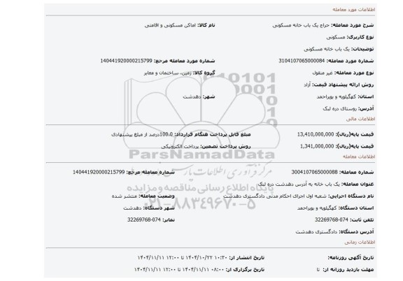 مزایده، یک باب خانه مسکونی