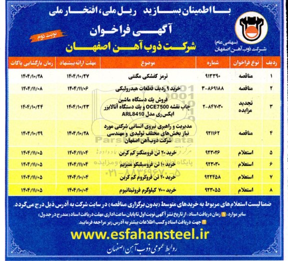 مزایده و مناقصه فروش یک دستگاه ماشین چاپ نقشه OCE7500 و یک دستگاه آنالایزر ایکس ری مدل ARL8410 - تجدید- نوبت دوم