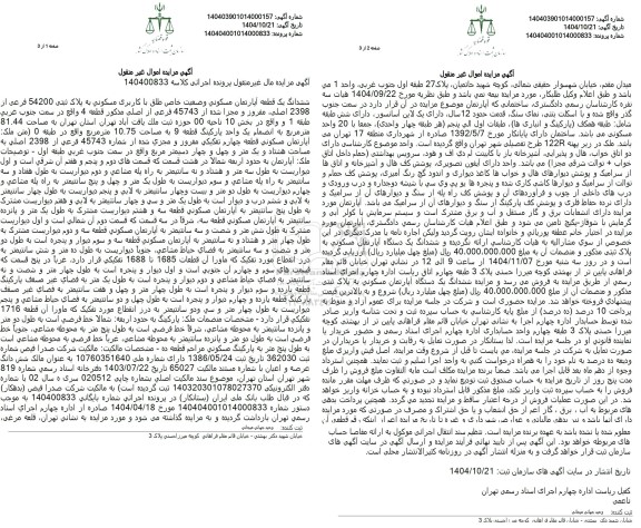 مزایده ششدانگ یک قطعه آپارتمان مسکونی به پلاک ثبتی 54200 فرعی از 2398 اصلی 