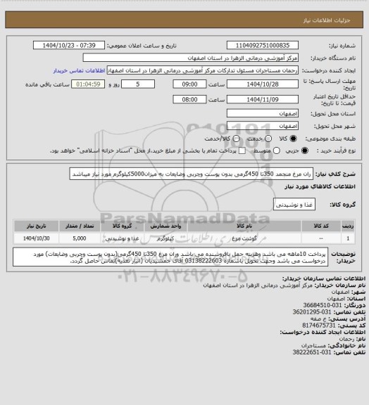 استعلام ران مرغ منجمد 350تا 450گرمی بدون پوست وچربی وضایعات به میزان5000کیلوگرم مورد نیاز میباشد