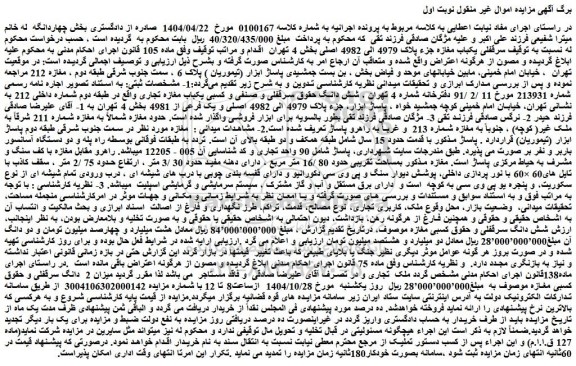 مزایده سرقفلی یکباب مغازه جزء پلاک 4979 الی 4982 اصلی