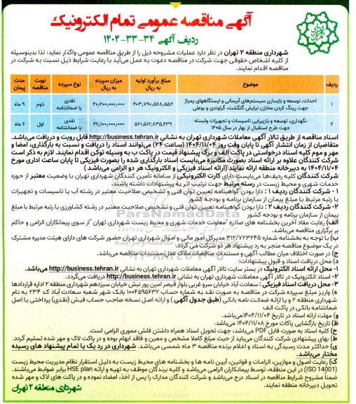 مناقصه عمومی احداث، توسعه و بازسازی سیستم های آبرسانی و ایستگاههای پمپاژ جهت رینگ کردن...