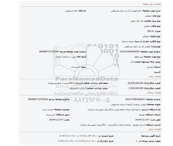 مزایده، فروش یک باب منزل مسکونی