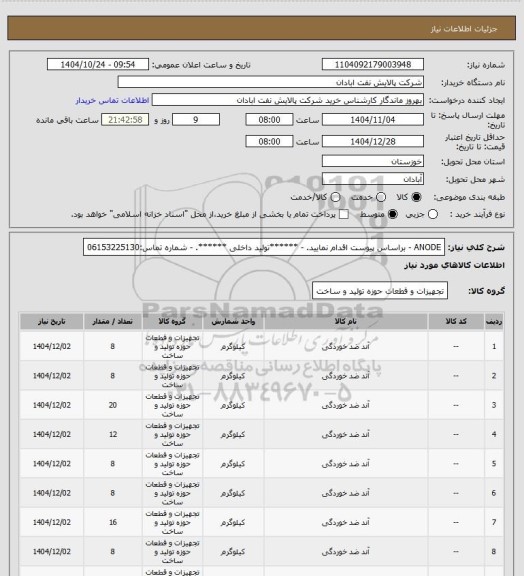 استعلام ANODE
- براساس پیوست اقدام نمایید.
- ******تولید داخلی ******.
- شماره تماس:06153225130