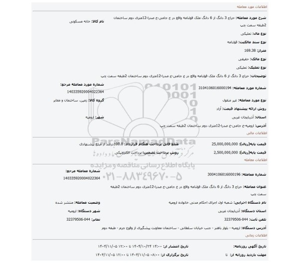 مزایده، حراج 3 دانگ از 6 دانگ ملک قولنامه واقع در خ جامی-خ صدرا-12متری دوم ساختمان 2طبقه سمت چپ
